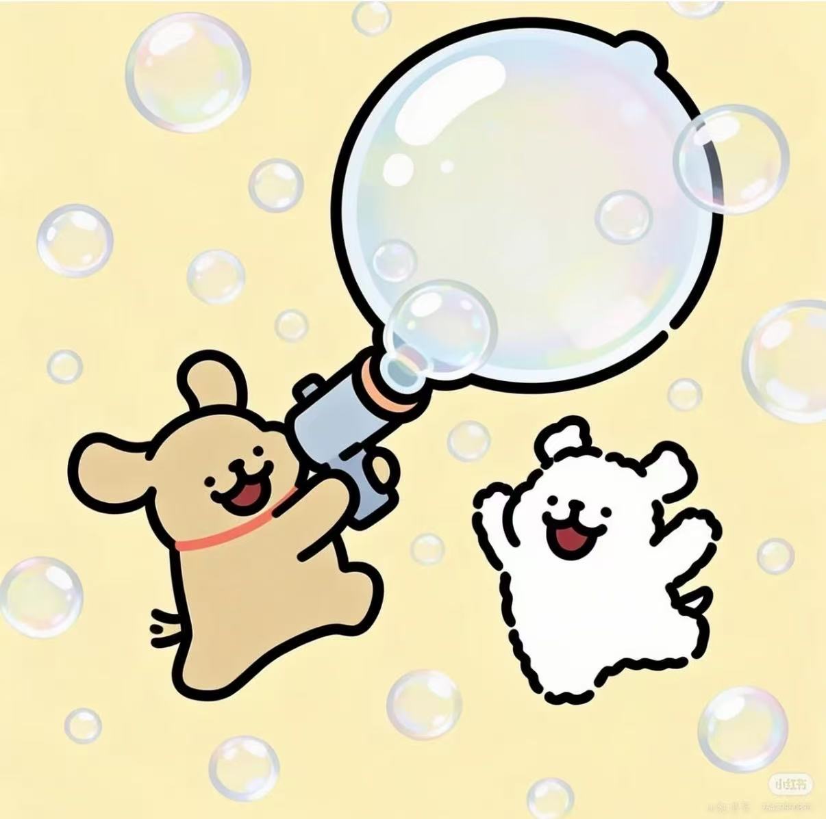 线条小狗一起吹泡泡